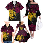 custom-broncos-rugby-family-matching-off-shoulder-long-sleeve-dress-and-hawaiian-shirt-brisbane-hibiscus-and-turtle-with-polynesian-pattern