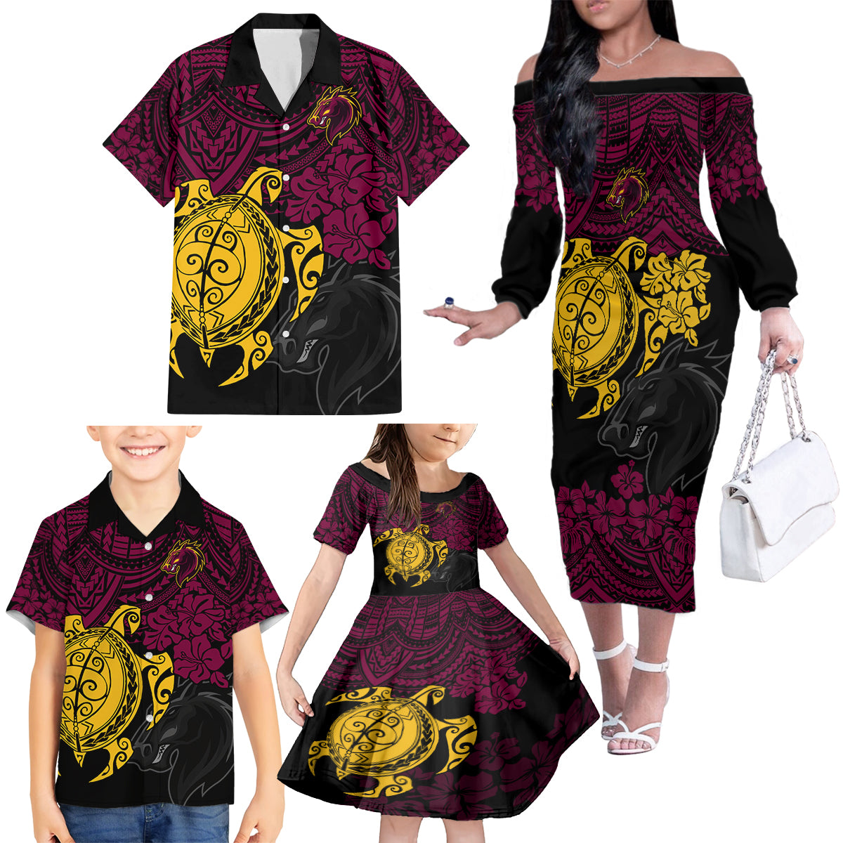 custom-broncos-rugby-family-matching-off-shoulder-long-sleeve-dress-and-hawaiian-shirt-brisbane-hibiscus-and-turtle-with-polynesian-pattern