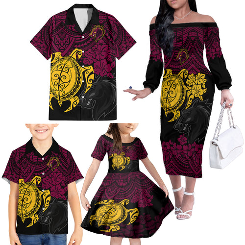 custom-broncos-rugby-family-matching-off-shoulder-long-sleeve-dress-and-hawaiian-shirt-brisbane-hibiscus-and-turtle-with-polynesian-pattern