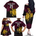 custom-broncos-rugby-family-matching-off-shoulder-long-sleeve-dress-and-hawaiian-shirt-brisbane-hibiscus-and-turtle-with-polynesian-pattern