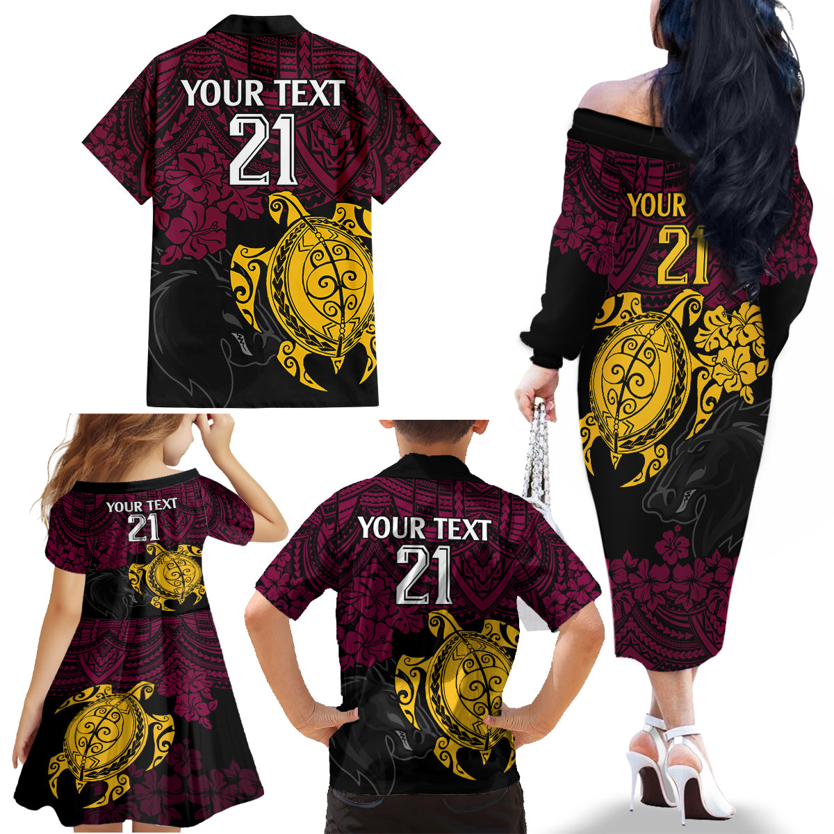 custom-broncos-rugby-family-matching-off-shoulder-long-sleeve-dress-and-hawaiian-shirt-brisbane-hibiscus-and-turtle-with-polynesian-pattern