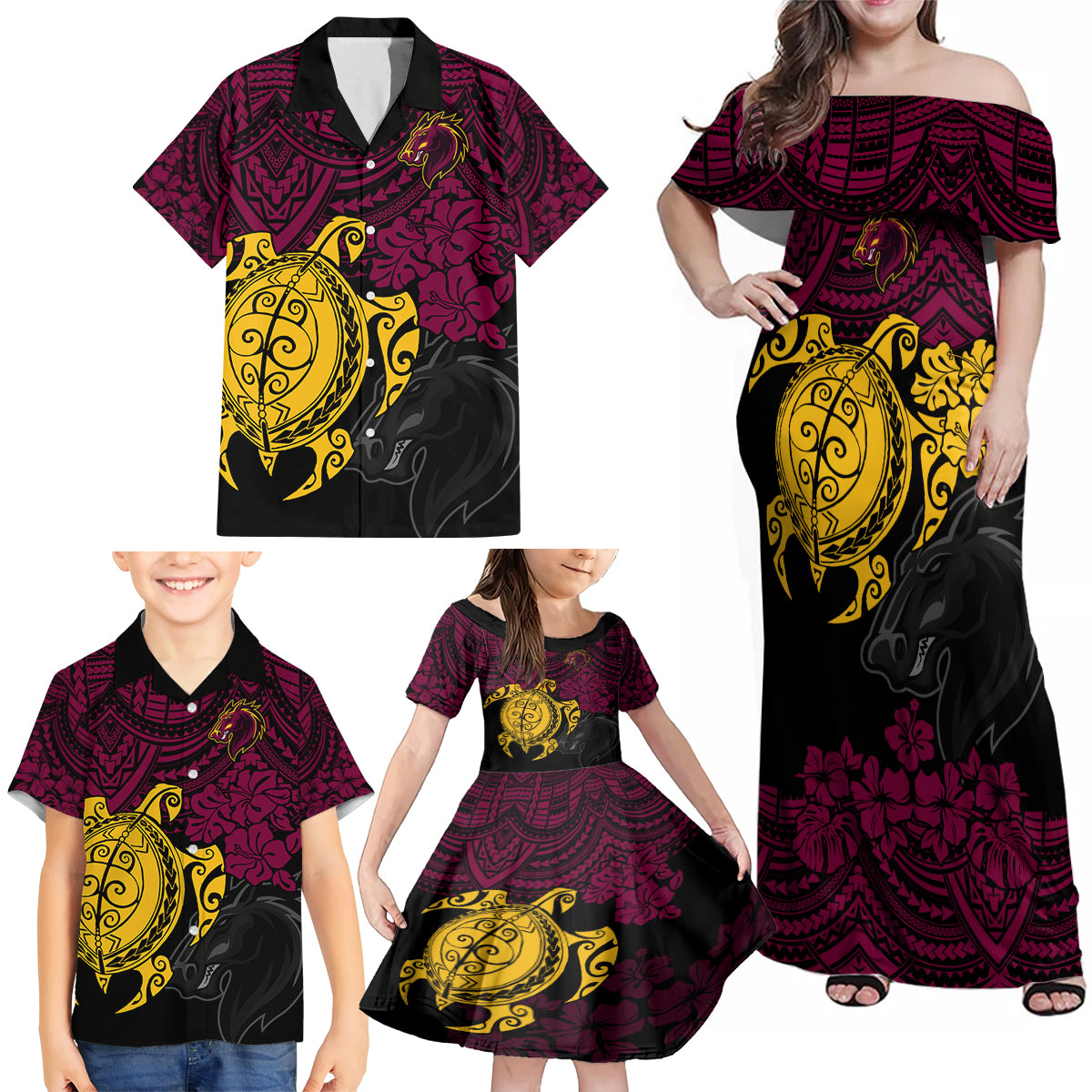 custom-broncos-rugby-family-matching-off-shoulder-maxi-dress-and-hawaiian-shirt-brisbane-hibiscus-and-turtle-with-polynesian-pattern