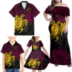 custom-broncos-rugby-family-matching-off-shoulder-maxi-dress-and-hawaiian-shirt-brisbane-hibiscus-and-turtle-with-polynesian-pattern