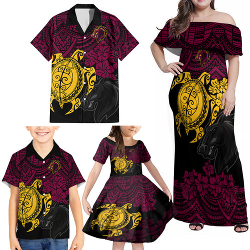 custom-broncos-rugby-family-matching-off-shoulder-maxi-dress-and-hawaiian-shirt-brisbane-hibiscus-and-turtle-with-polynesian-pattern