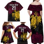 custom-broncos-rugby-family-matching-off-shoulder-maxi-dress-and-hawaiian-shirt-brisbane-hibiscus-and-turtle-with-polynesian-pattern
