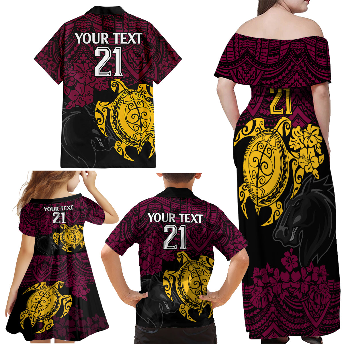 custom-broncos-rugby-family-matching-off-shoulder-maxi-dress-and-hawaiian-shirt-brisbane-hibiscus-and-turtle-with-polynesian-pattern