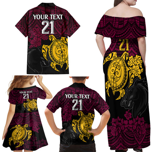 custom-broncos-rugby-family-matching-off-shoulder-maxi-dress-and-hawaiian-shirt-brisbane-hibiscus-and-turtle-with-polynesian-pattern