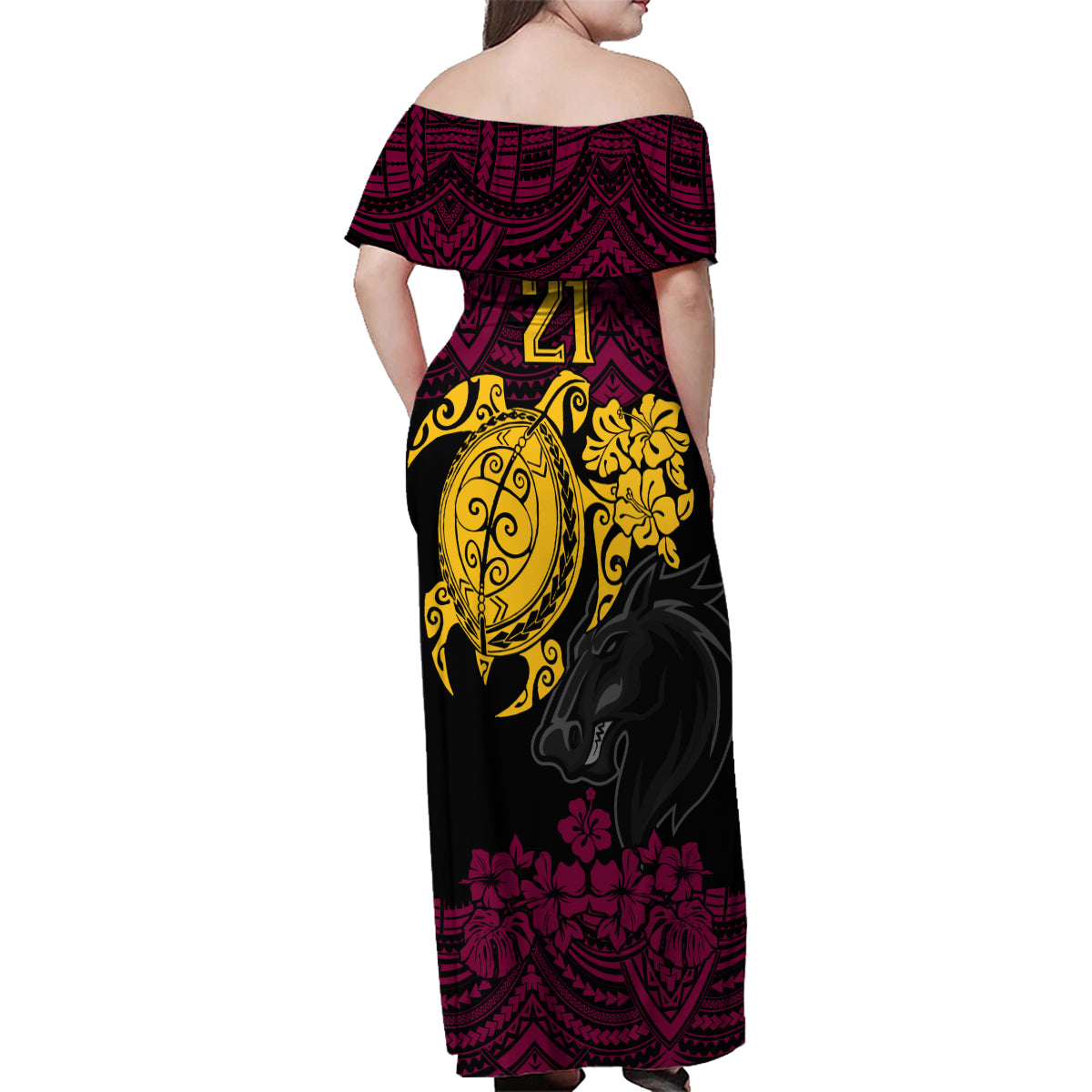custom-broncos-rugby-family-matching-off-shoulder-maxi-dress-and-hawaiian-shirt-brisbane-hibiscus-and-turtle-with-polynesian-pattern