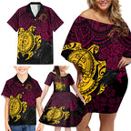 custom-broncos-rugby-family-matching-off-shoulder-short-dress-and-hawaiian-shirt-brisbane-hibiscus-and-turtle-with-polynesian-pattern
