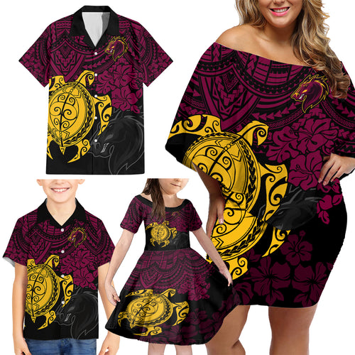 custom-broncos-rugby-family-matching-off-shoulder-short-dress-and-hawaiian-shirt-brisbane-hibiscus-and-turtle-with-polynesian-pattern