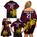 custom-broncos-rugby-family-matching-off-shoulder-short-dress-and-hawaiian-shirt-brisbane-hibiscus-and-turtle-with-polynesian-pattern