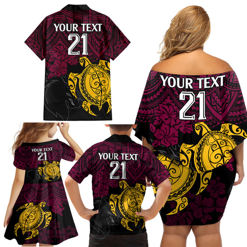 custom-broncos-rugby-family-matching-off-shoulder-short-dress-and-hawaiian-shirt-brisbane-hibiscus-and-turtle-with-polynesian-pattern