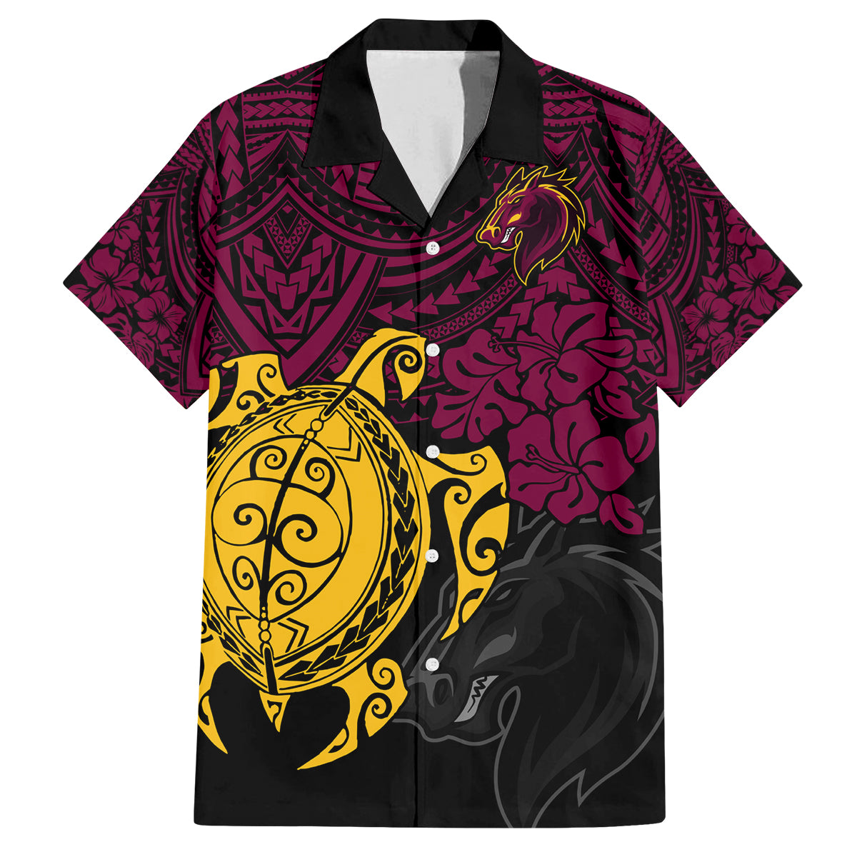 custom-broncos-rugby-family-matching-off-shoulder-short-dress-and-hawaiian-shirt-brisbane-hibiscus-and-turtle-with-polynesian-pattern