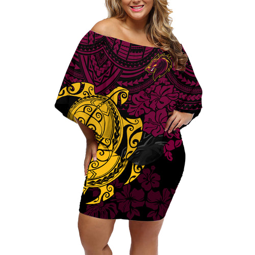 custom-broncos-rugby-family-matching-off-shoulder-short-dress-and-hawaiian-shirt-brisbane-hibiscus-and-turtle-with-polynesian-pattern