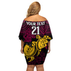 custom-broncos-rugby-family-matching-off-shoulder-short-dress-and-hawaiian-shirt-brisbane-hibiscus-and-turtle-with-polynesian-pattern