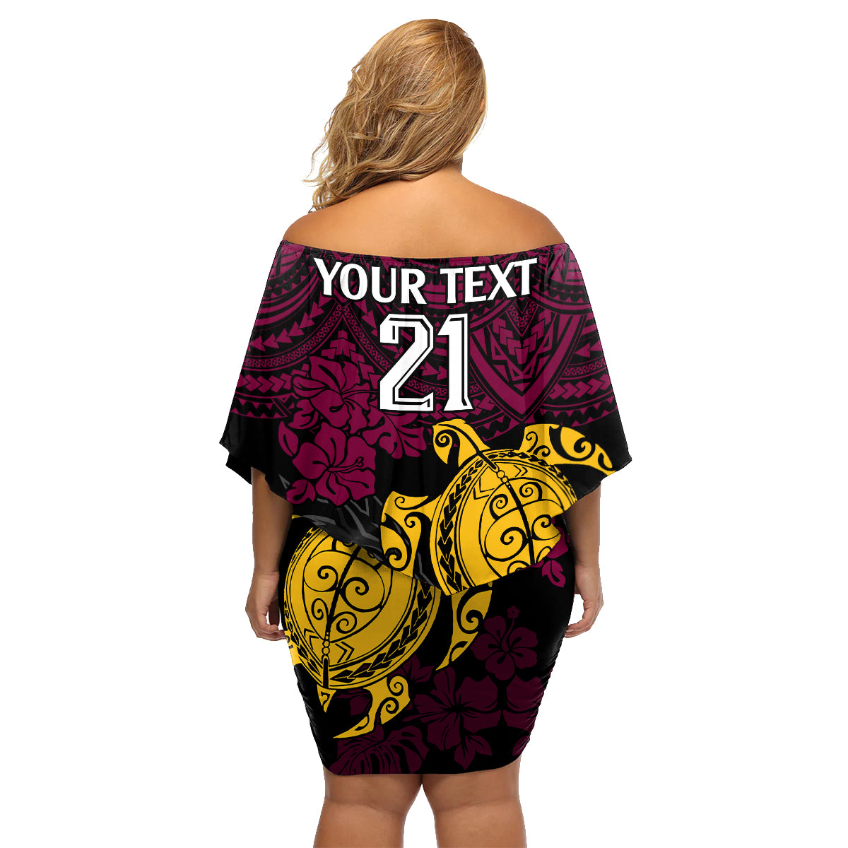 custom-broncos-rugby-family-matching-off-shoulder-short-dress-and-hawaiian-shirt-brisbane-hibiscus-and-turtle-with-polynesian-pattern