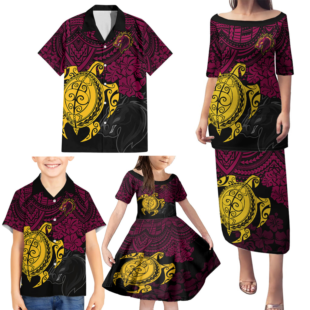 custom-broncos-rugby-family-matching-puletasi-dress-and-hawaiian-shirt-brisbane-hibiscus-and-turtle-with-polynesian-pattern