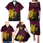 custom-broncos-rugby-family-matching-puletasi-dress-and-hawaiian-shirt-brisbane-hibiscus-and-turtle-with-polynesian-pattern