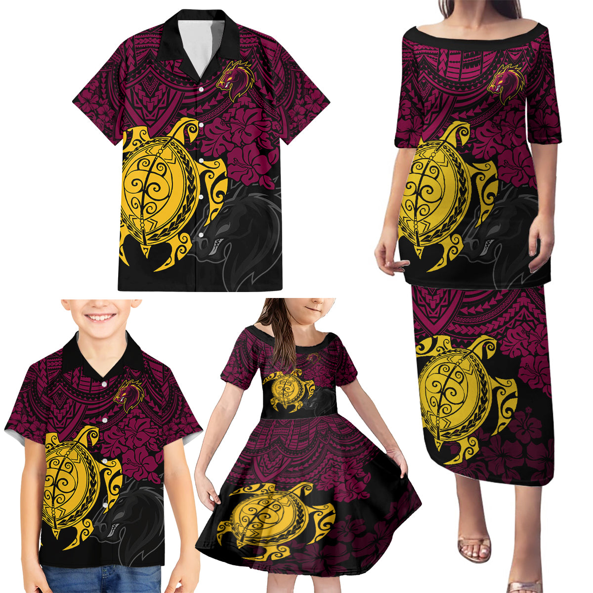 custom-broncos-rugby-family-matching-puletasi-dress-and-hawaiian-shirt-brisbane-hibiscus-and-turtle-with-polynesian-pattern