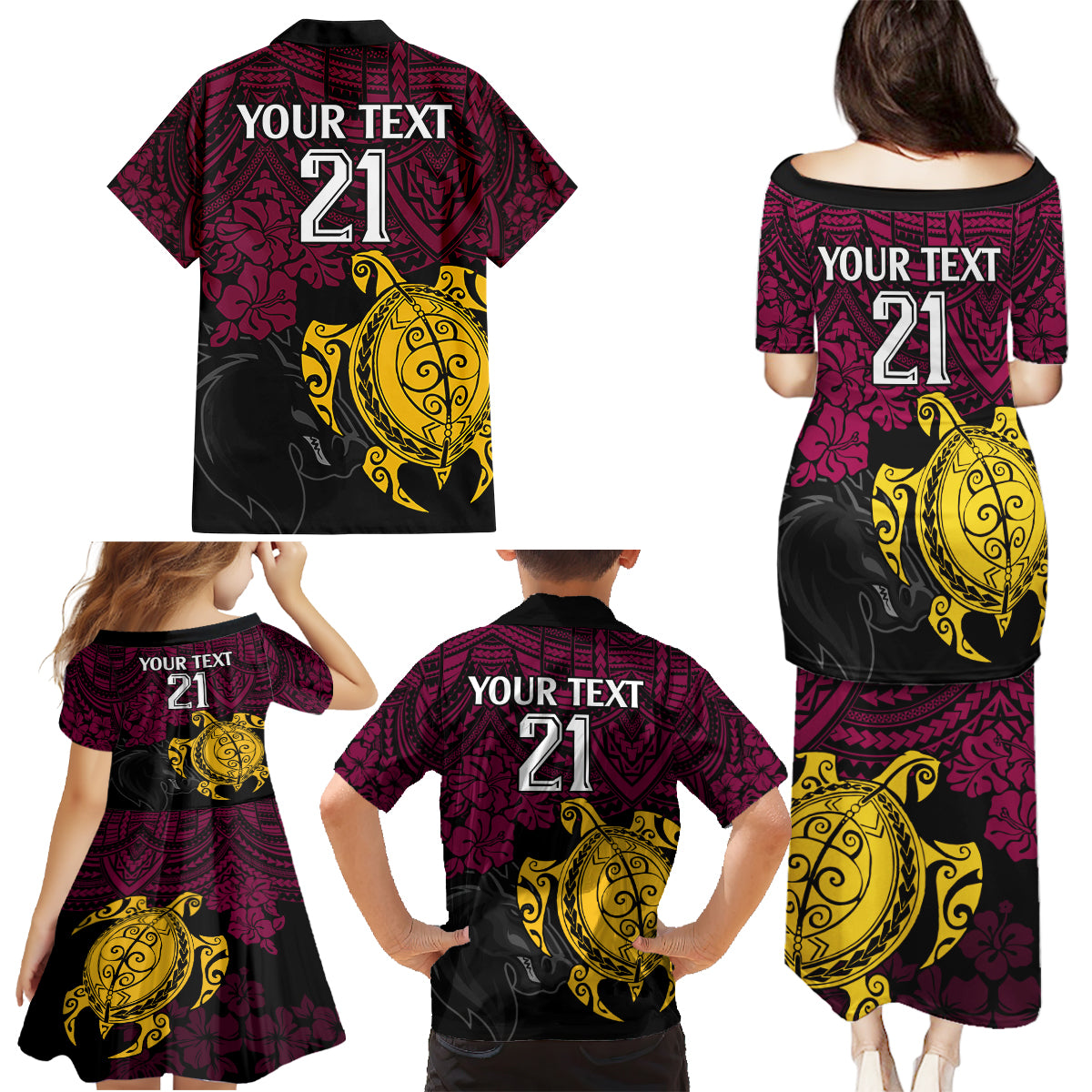 custom-broncos-rugby-family-matching-puletasi-dress-and-hawaiian-shirt-brisbane-hibiscus-and-turtle-with-polynesian-pattern