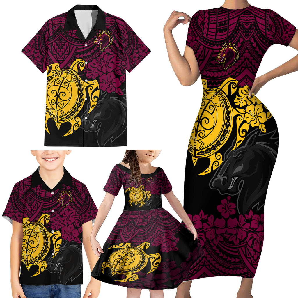 custom-broncos-rugby-family-matching-short-sleeve-bodycon-dress-and-hawaiian-shirt-brisbane-hibiscus-and-turtle-with-polynesian-pattern
