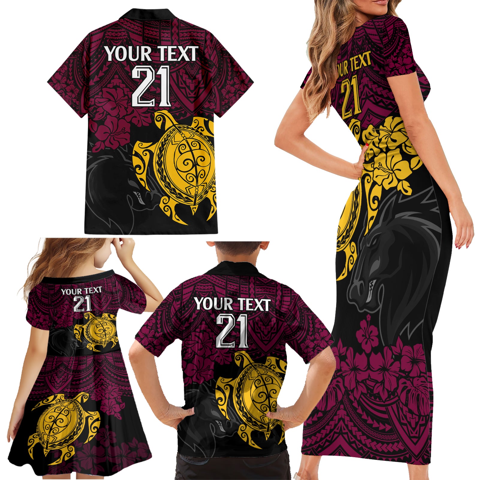 custom-broncos-rugby-family-matching-short-sleeve-bodycon-dress-and-hawaiian-shirt-brisbane-hibiscus-and-turtle-with-polynesian-pattern