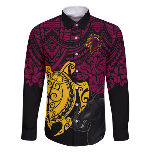 custom-broncos-rugby-family-matching-short-sleeve-bodycon-dress-and-hawaiian-shirt-brisbane-hibiscus-and-turtle-with-polynesian-pattern