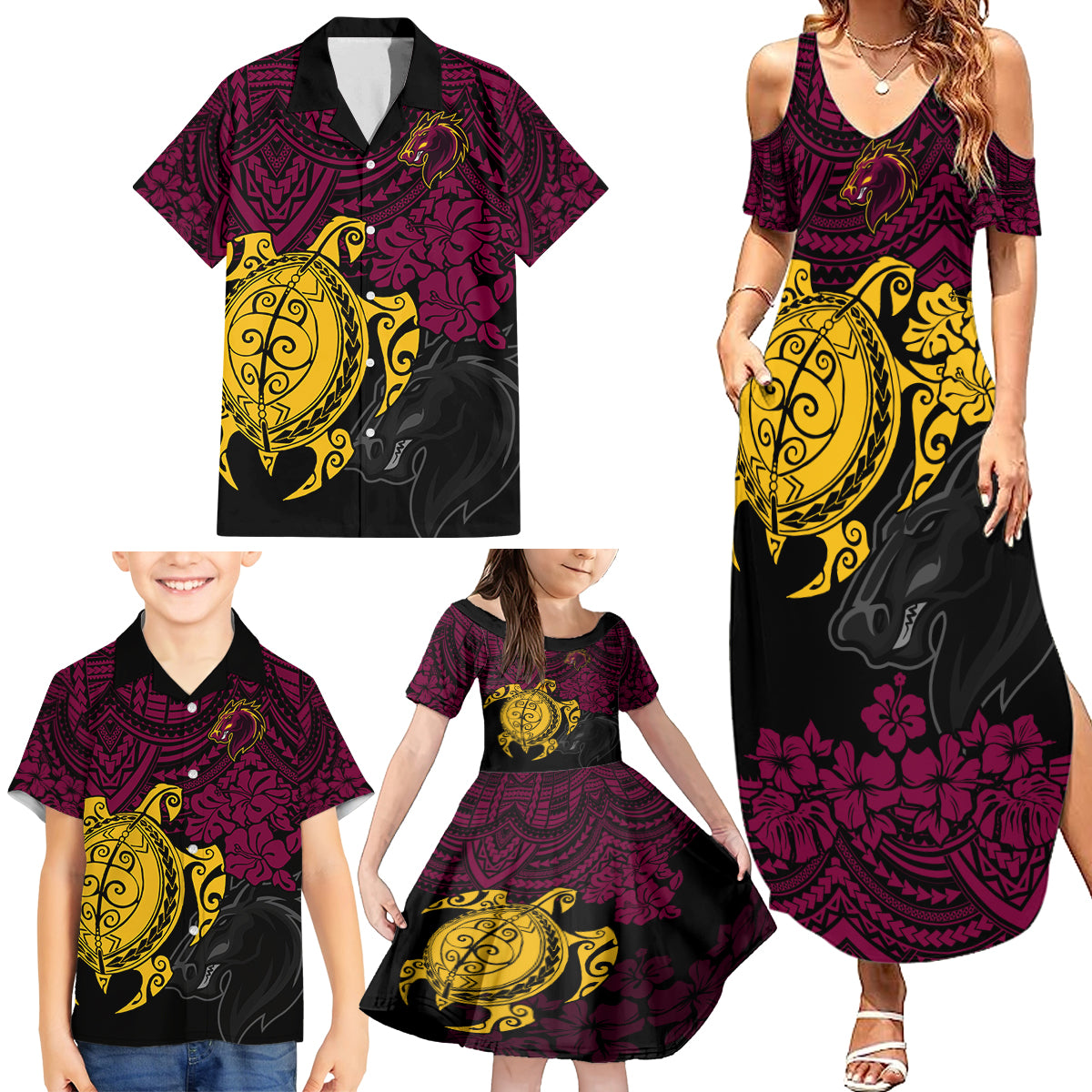 custom-broncos-rugby-family-matching-summer-maxi-dress-and-hawaiian-shirt-brisbane-hibiscus-and-turtle-with-polynesian-pattern