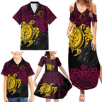 custom-broncos-rugby-family-matching-summer-maxi-dress-and-hawaiian-shirt-brisbane-hibiscus-and-turtle-with-polynesian-pattern