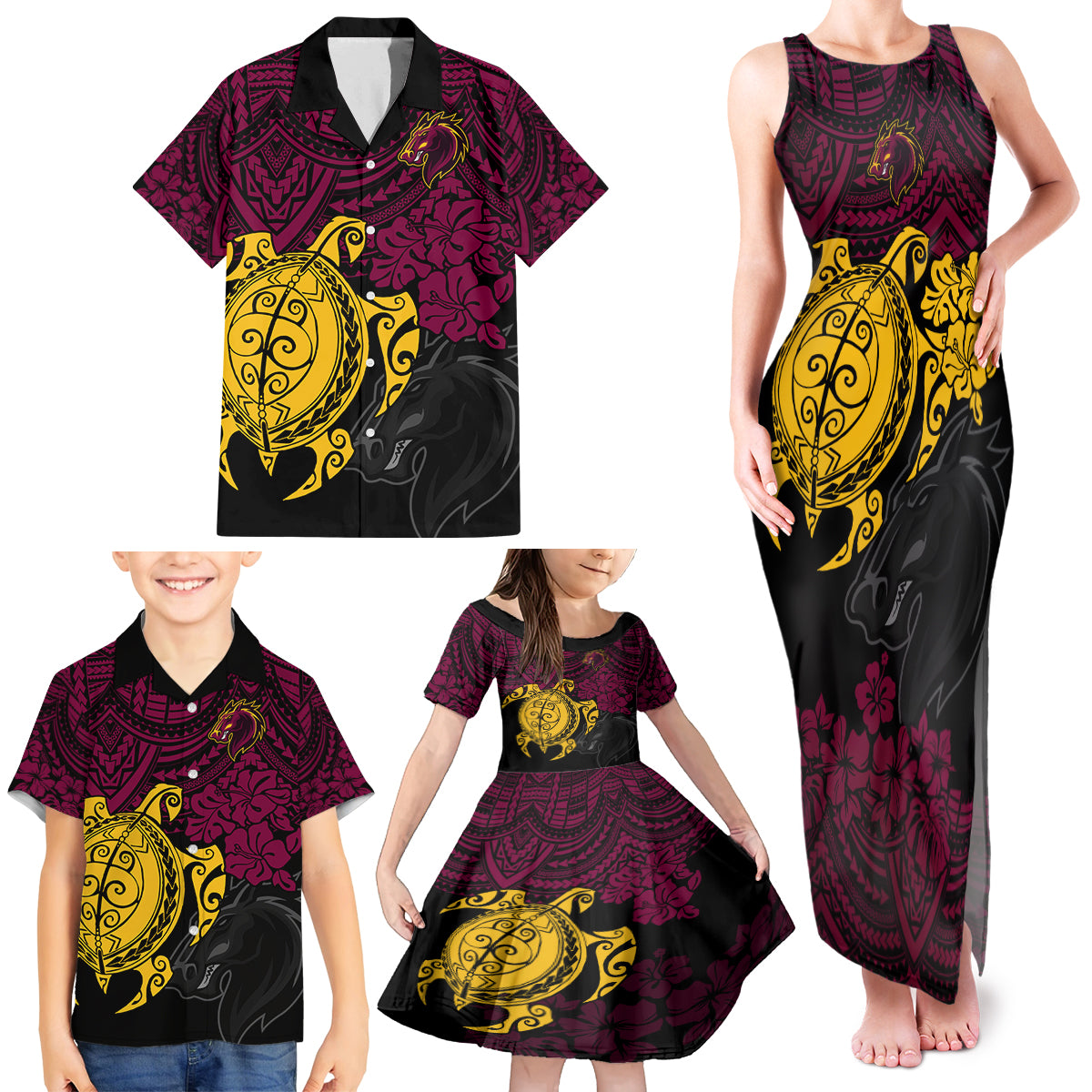 custom-broncos-rugby-family-matching-tank-maxi-dress-and-hawaiian-shirt-brisbane-hibiscus-and-turtle-with-polynesian-pattern