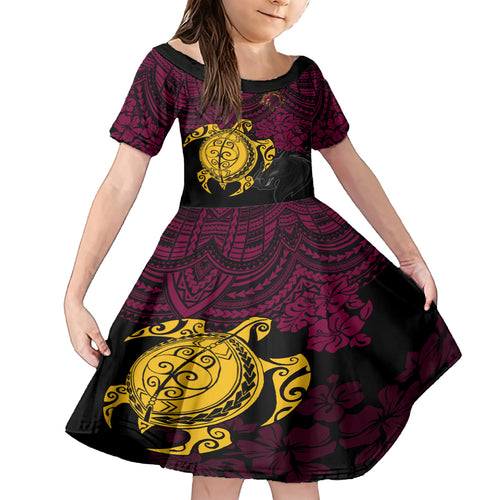 custom-broncos-rugby-kid-short-sleeve-dress-brisbane-hibiscus-and-turtle-with-polynesian-pattern