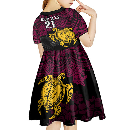 custom-broncos-rugby-kid-short-sleeve-dress-brisbane-hibiscus-and-turtle-with-polynesian-pattern