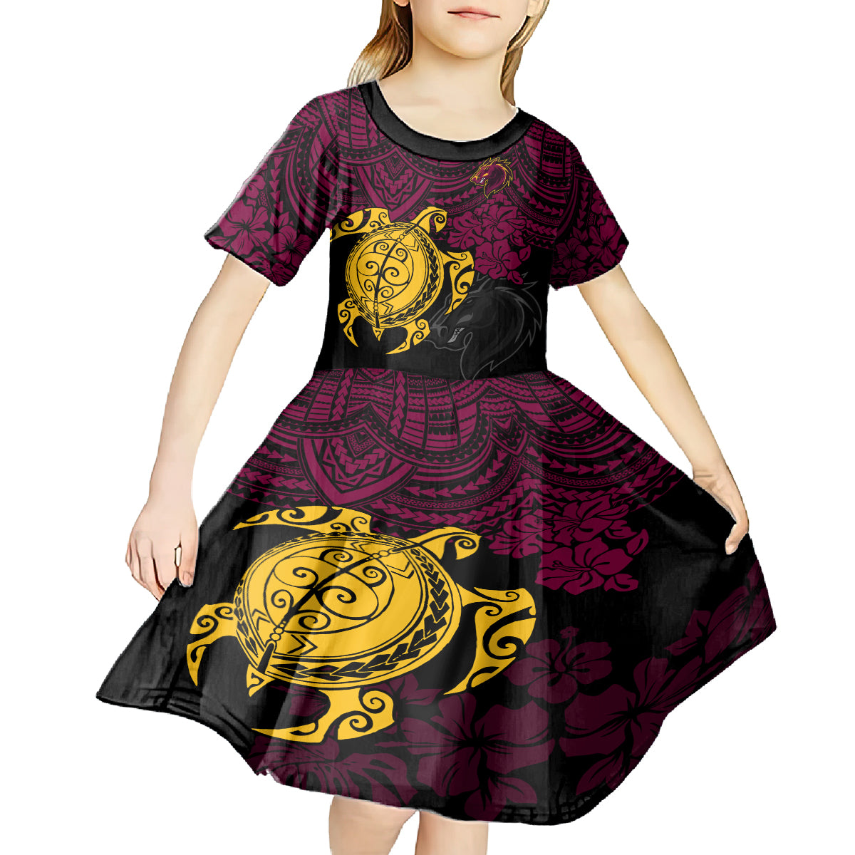 custom-broncos-rugby-kid-short-sleeve-dress-brisbane-hibiscus-and-turtle-with-polynesian-pattern