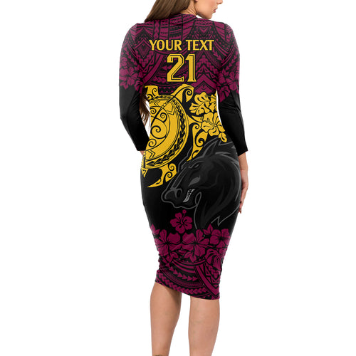custom-broncos-rugby-long-sleeve-bodycon-dress-brisbane-hibiscus-and-turtle-with-polynesian-pattern