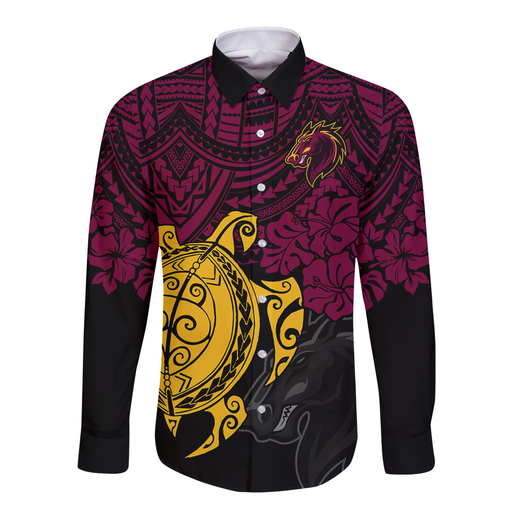 custom-broncos-rugby-long-sleeve-button-shirt-brisbane-hibiscus-and-turtle-with-polynesian-pattern