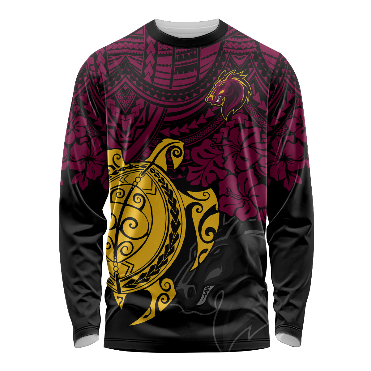 custom-broncos-rugby-long-sleeve-shirt-brisbane-hibiscus-and-turtle-with-polynesian-pattern