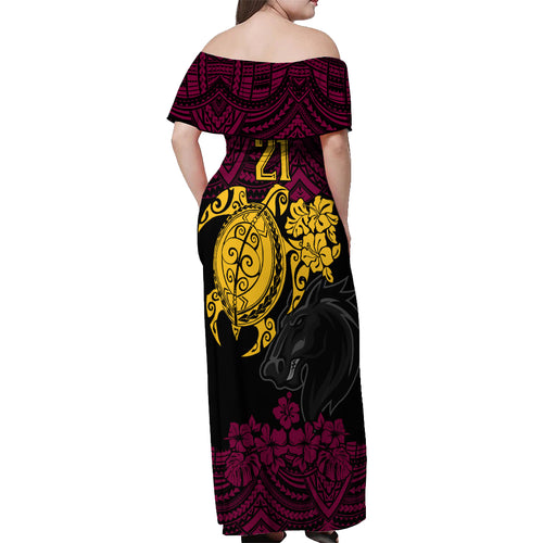 custom-broncos-rugby-off-shoulder-maxi-dress-brisbane-hibiscus-and-turtle-with-polynesian-pattern