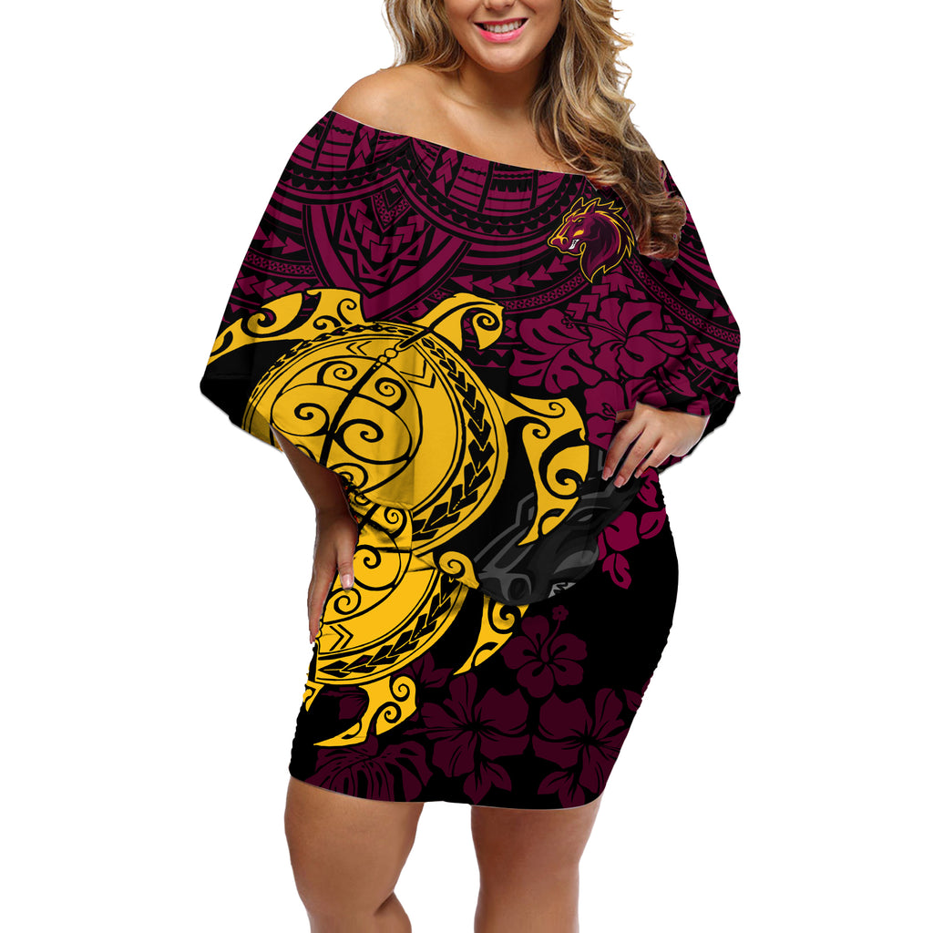 custom-broncos-rugby-off-shoulder-short-dress-brisbane-hibiscus-and-turtle-with-polynesian-pattern