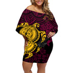 custom-broncos-rugby-off-shoulder-short-dress-brisbane-hibiscus-and-turtle-with-polynesian-pattern