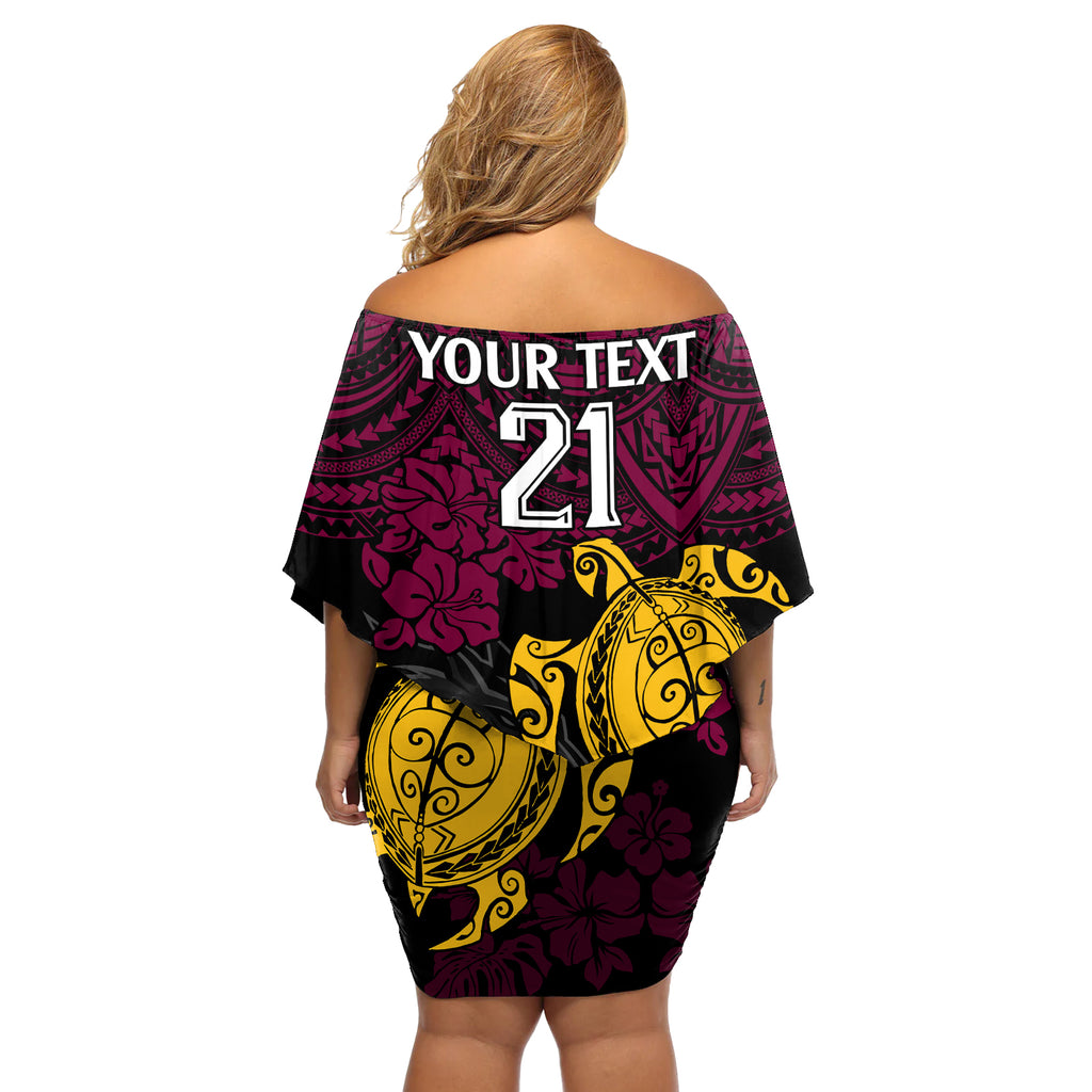 custom-broncos-rugby-off-shoulder-short-dress-brisbane-hibiscus-and-turtle-with-polynesian-pattern