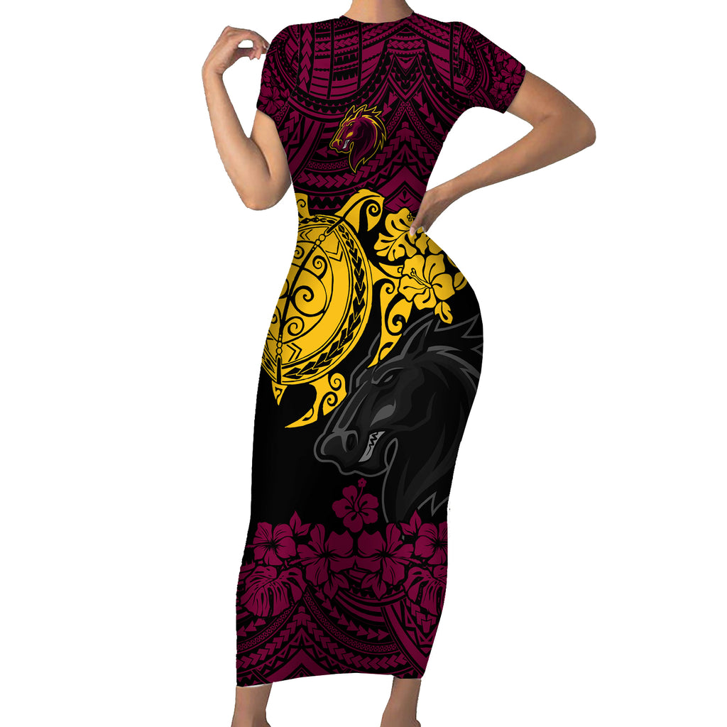 custom-broncos-rugby-short-sleeve-bodycon-dress-brisbane-hibiscus-and-turtle-with-polynesian-pattern