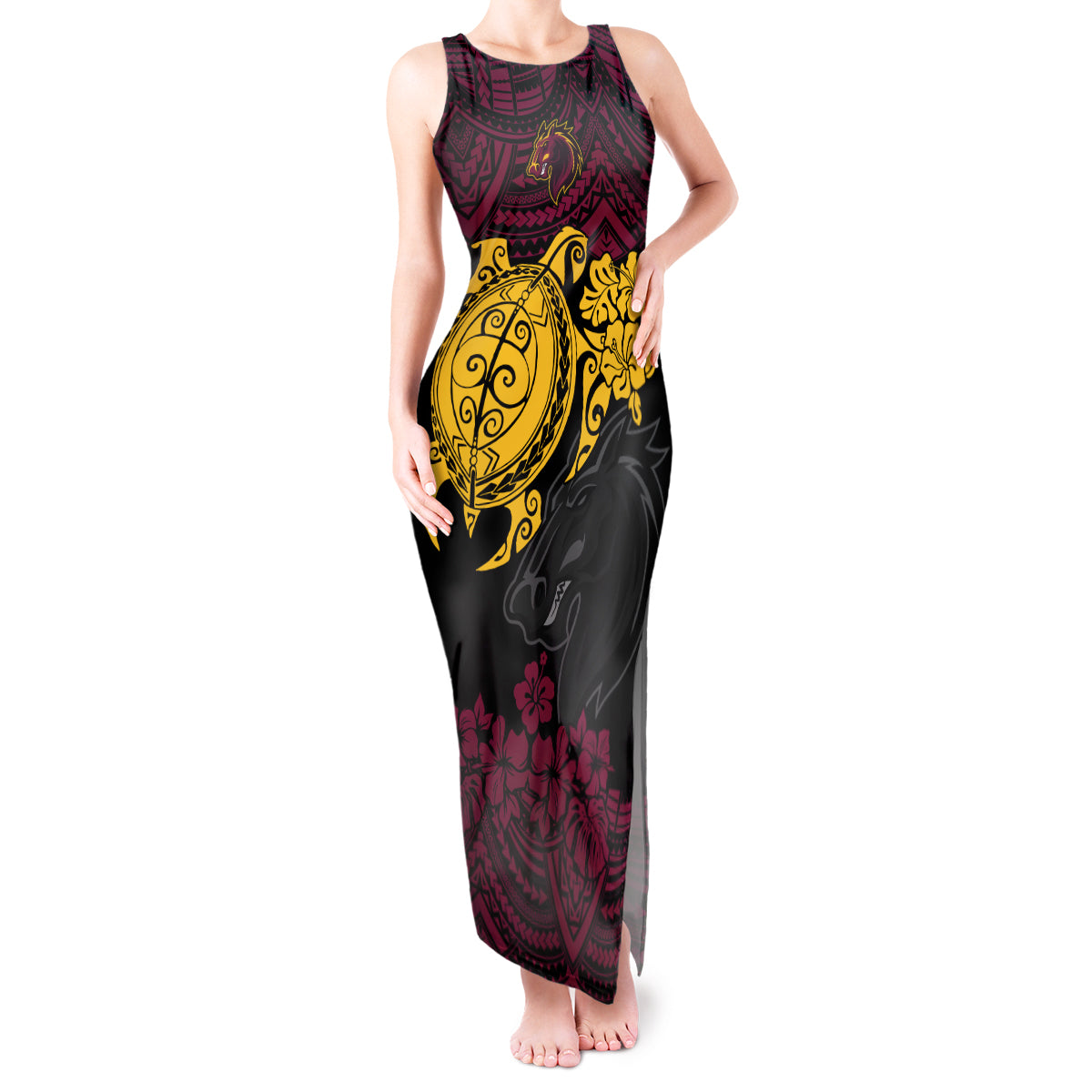 custom-broncos-rugby-tank-maxi-dress-brisbane-hibiscus-and-turtle-with-polynesian-pattern