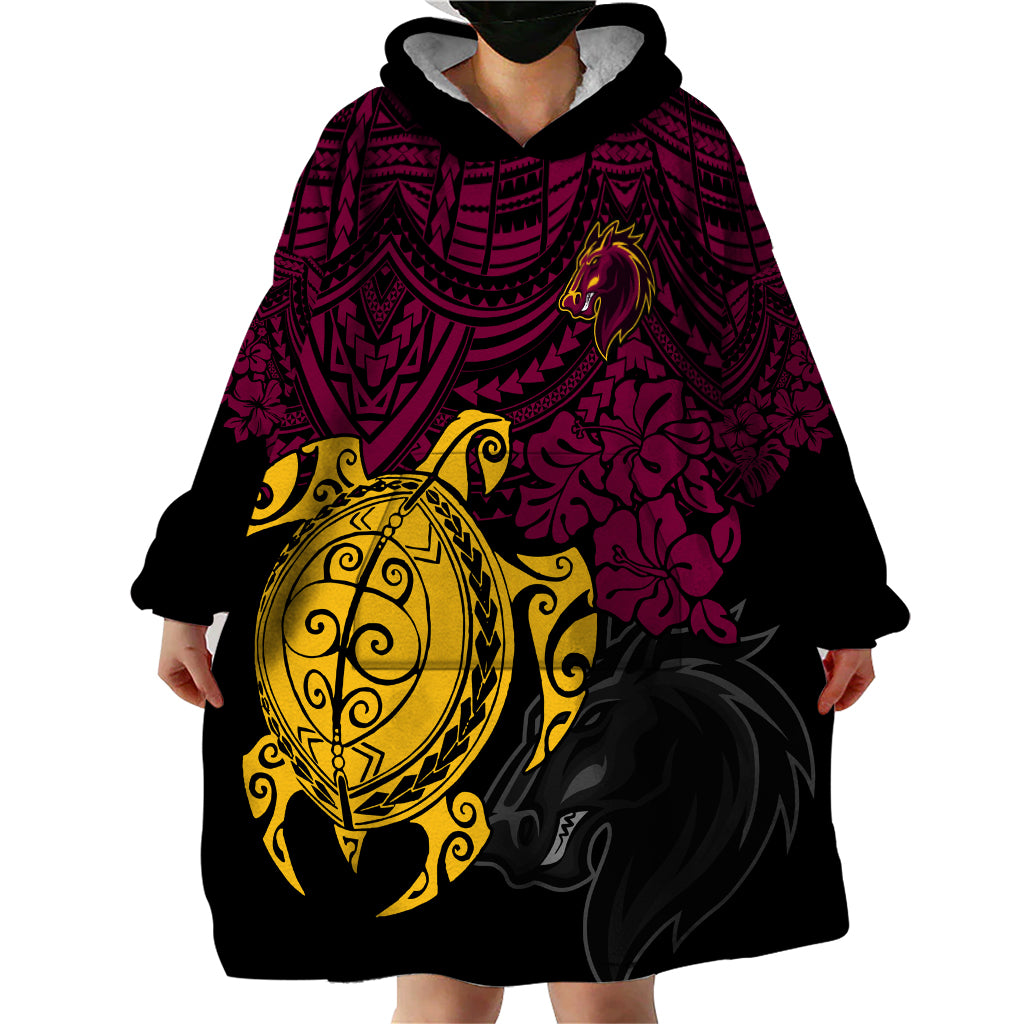 custom-broncos-rugby-wearable-blanket-hoodie-brisbane-hibiscus-and-turtle-with-polynesian-pattern