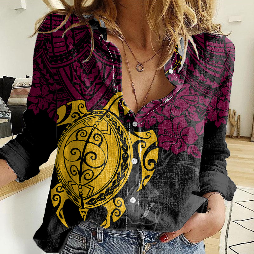 custom-broncos-rugby-women-casual-shirt-brisbane-hibiscus-and-turtle-with-polynesian-pattern