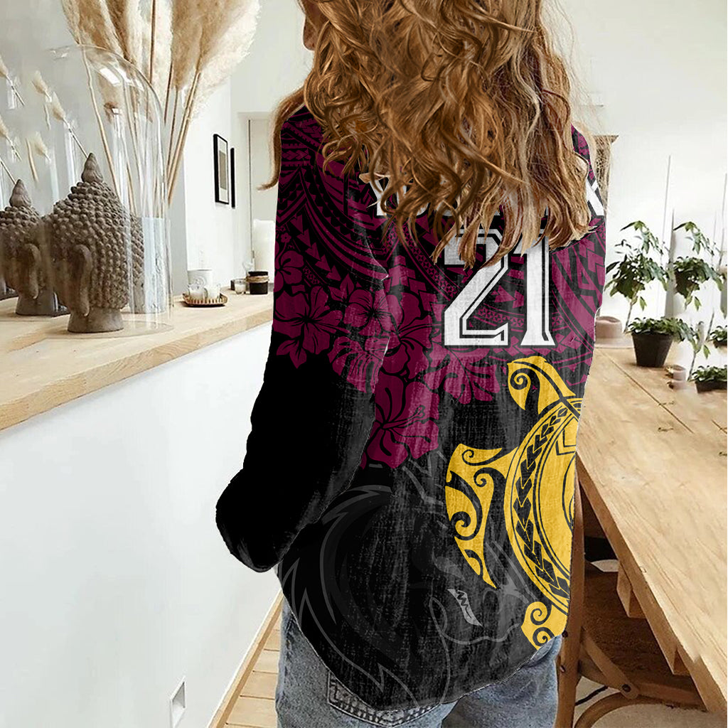custom-broncos-rugby-women-casual-shirt-brisbane-hibiscus-and-turtle-with-polynesian-pattern