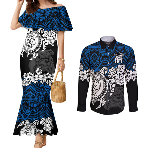 custom-bulldogs-rugby-couples-matching-mermaid-dress-and-long-sleeve-button-shirt-berries-hibiscus-and-turtle-with-polynesian-pattern
