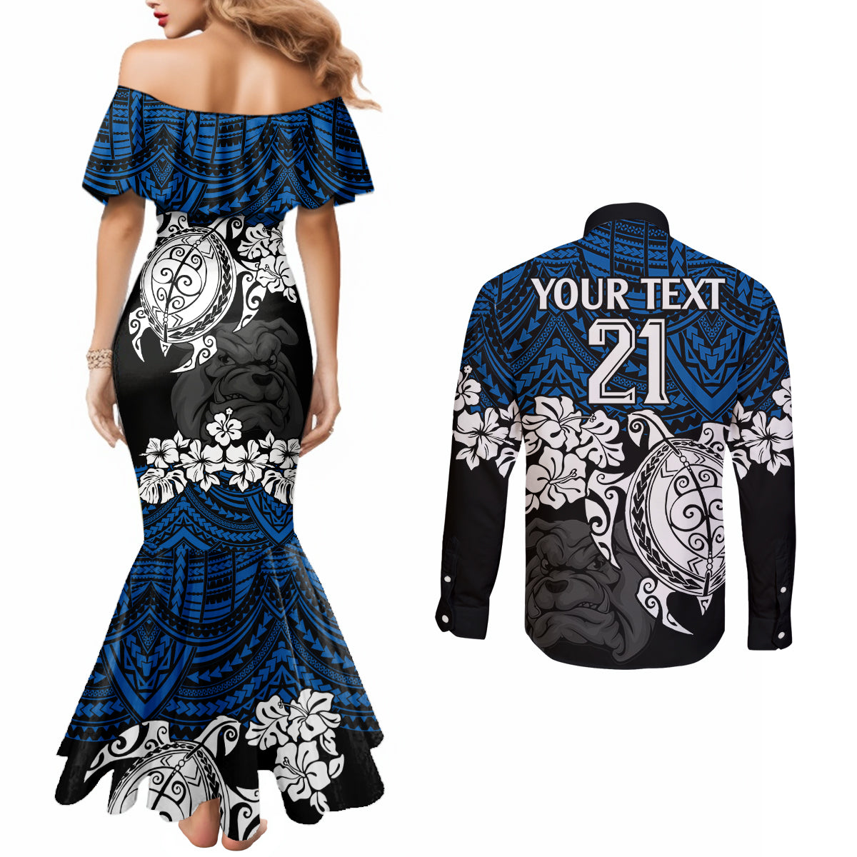custom-bulldogs-rugby-couples-matching-mermaid-dress-and-long-sleeve-button-shirt-berries-hibiscus-and-turtle-with-polynesian-pattern