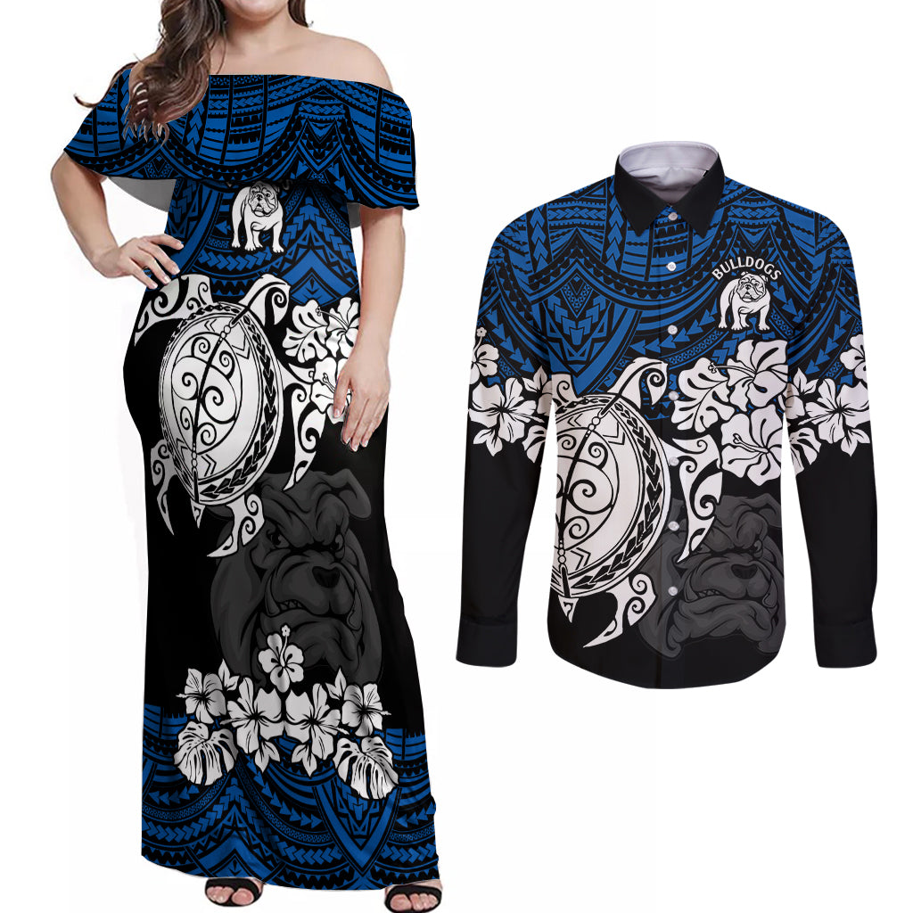 custom-bulldogs-rugby-couples-matching-off-shoulder-maxi-dress-and-long-sleeve-button-shirt-berries-hibiscus-and-turtle-with-polynesian-pattern