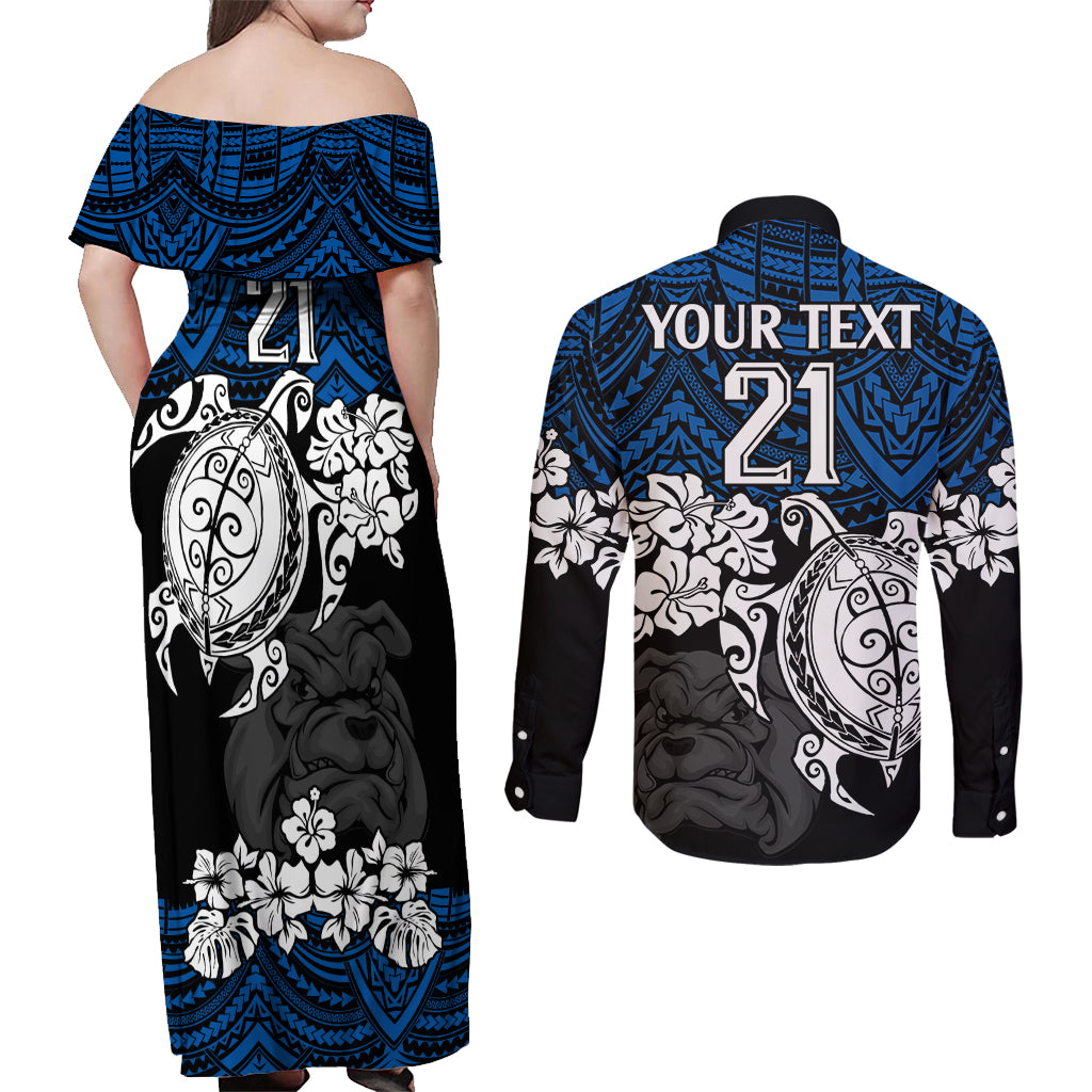 custom-bulldogs-rugby-couples-matching-off-shoulder-maxi-dress-and-long-sleeve-button-shirt-berries-hibiscus-and-turtle-with-polynesian-pattern