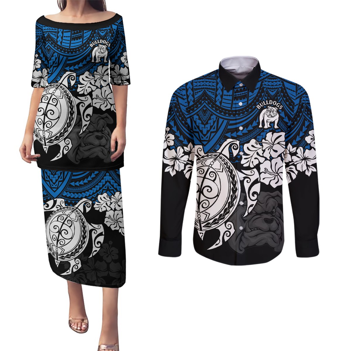 custom-bulldogs-rugby-couples-matching-puletasi-dress-and-long-sleeve-button-shirt-berries-hibiscus-and-turtle-with-polynesian-pattern